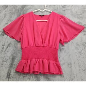 Kabina Top Womens L Pink Chiffon Lined V-Neck Flutter Sleeve Ruffled Peplum Hem